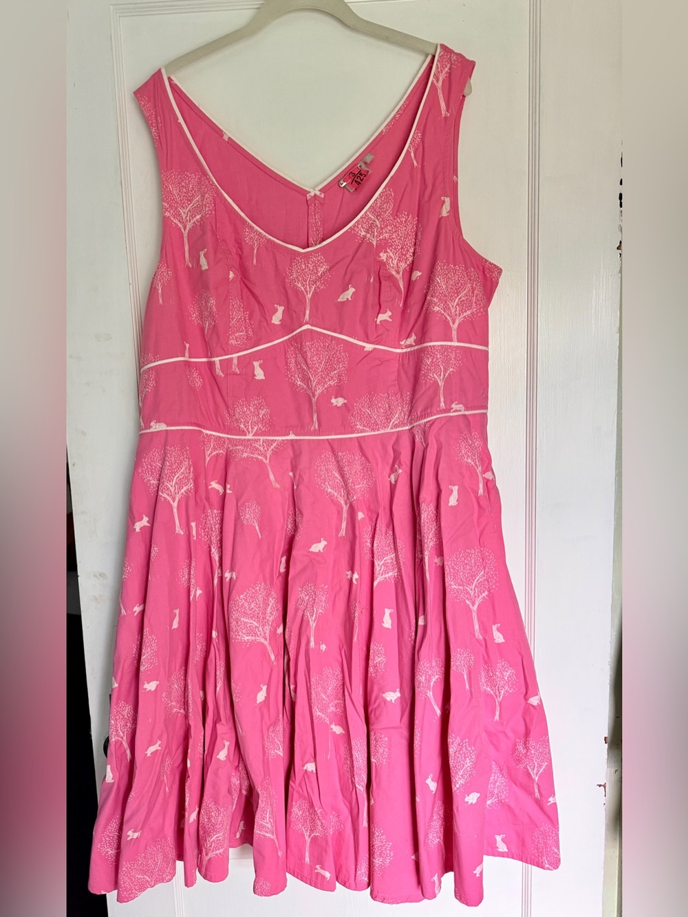 Eshakti Bright Pink Sleeveless Fit & Flare Dress with White Rabbit and Tree Prin